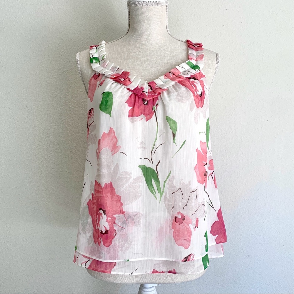 LOFT Floral Top Tank Sleeveless Ruffle Pink White Womens Small Petite